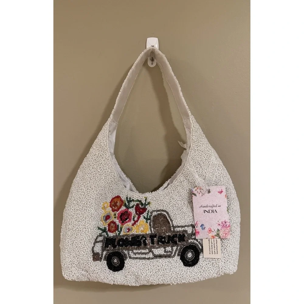 Handcrafted in India Flower Truck Butterfly Beaded Bag‎ White NWT